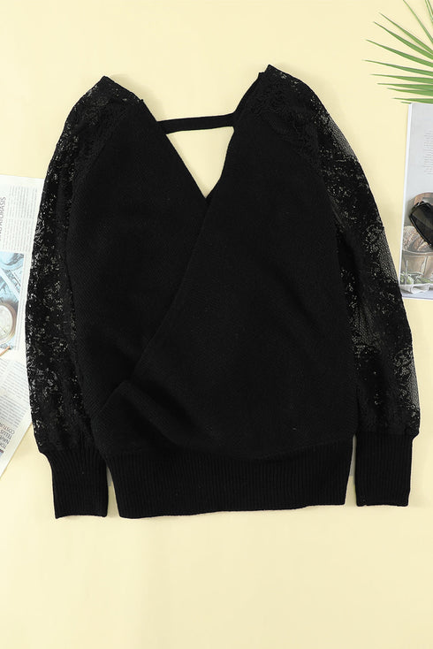 Sexy V Neck Surplice Hollow-Out Sweater With Lace Sleeves